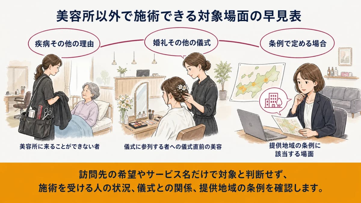 美容所以外で施術できる対象場面の早見表