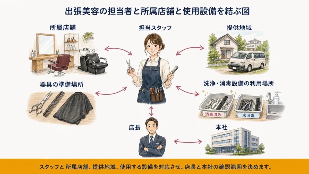 出張美容の担当者と所属店舗と使用設備を結ぶ図