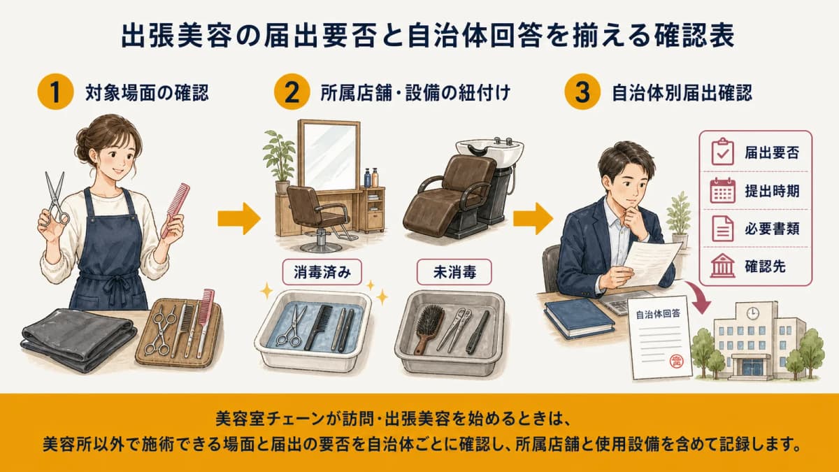 出張美容の届出要否と自治体回答を揃える確認表