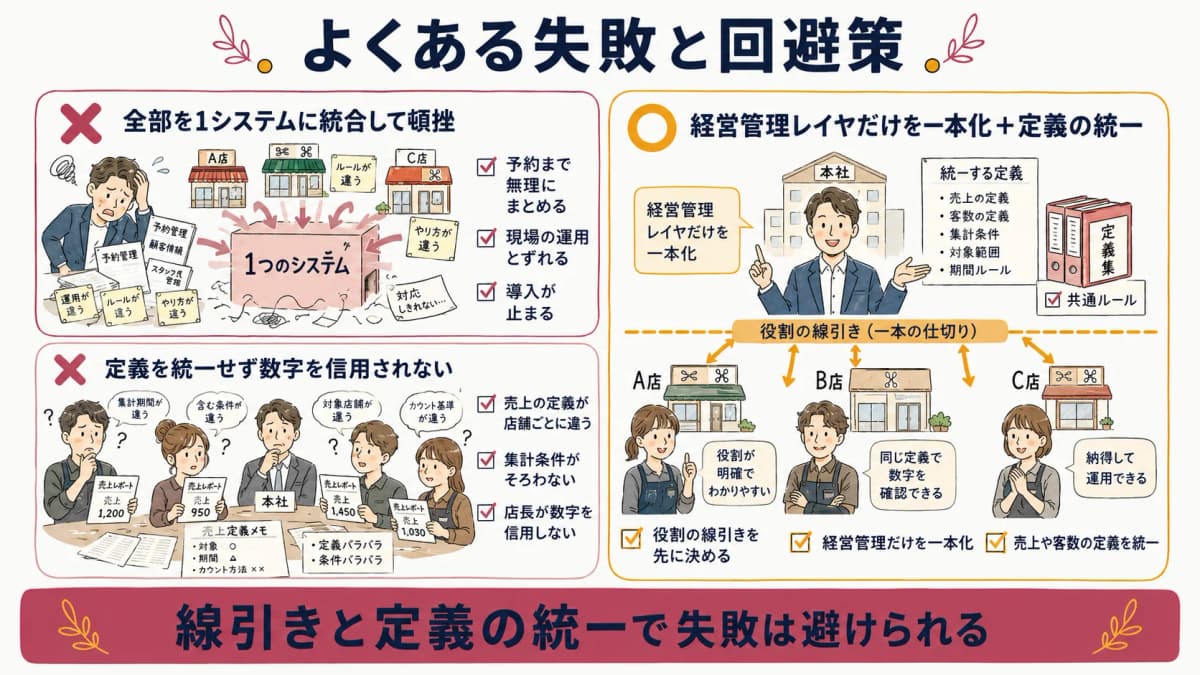 多店舗DXのよくある失敗と回避策を対比した概念図