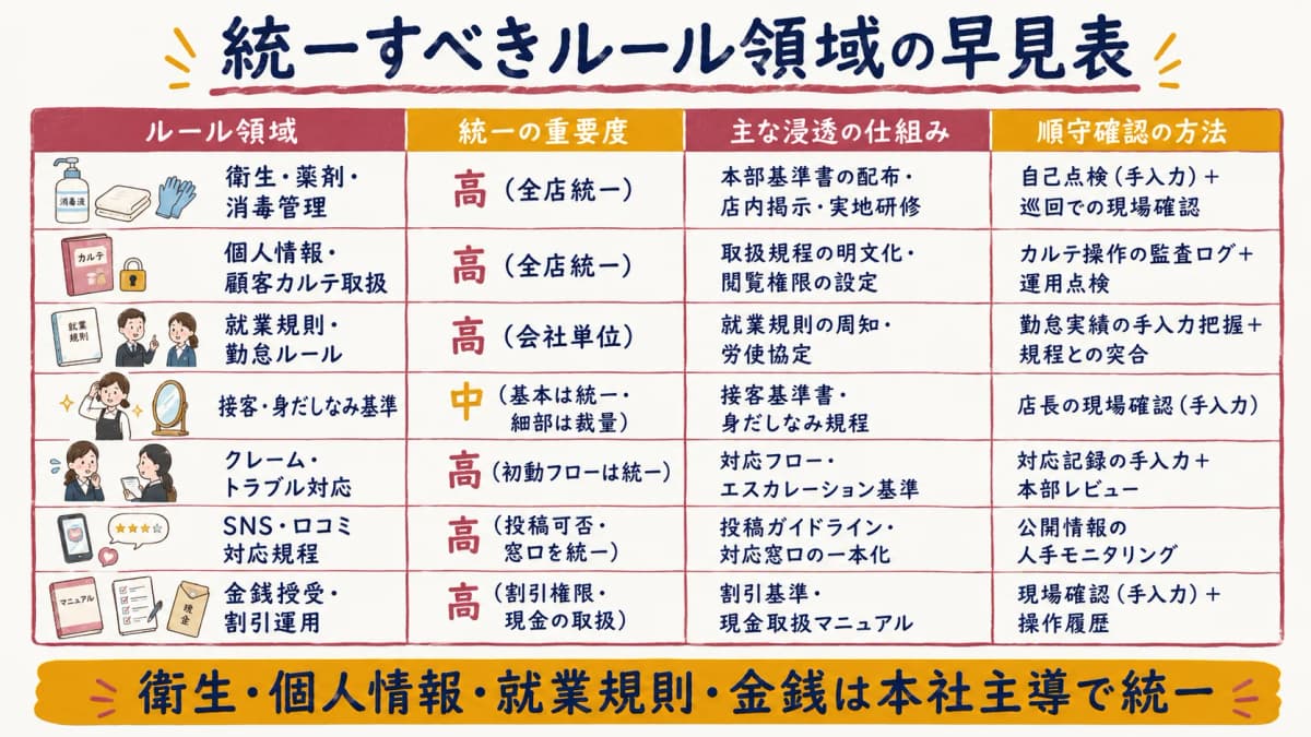 統一すべきルール領域と統一の重要度・浸透の仕組み・順守確認方法を並べたマトリクス図