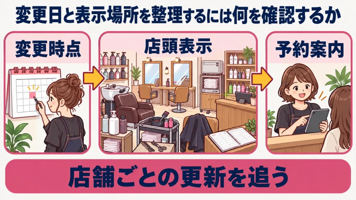 店舗別の変更日と表示箇所の対応図