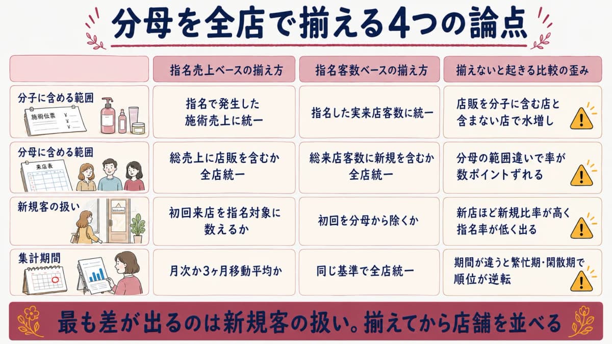 指名率の分母を店舗間で揃えるためのチェックポイントを示す図
