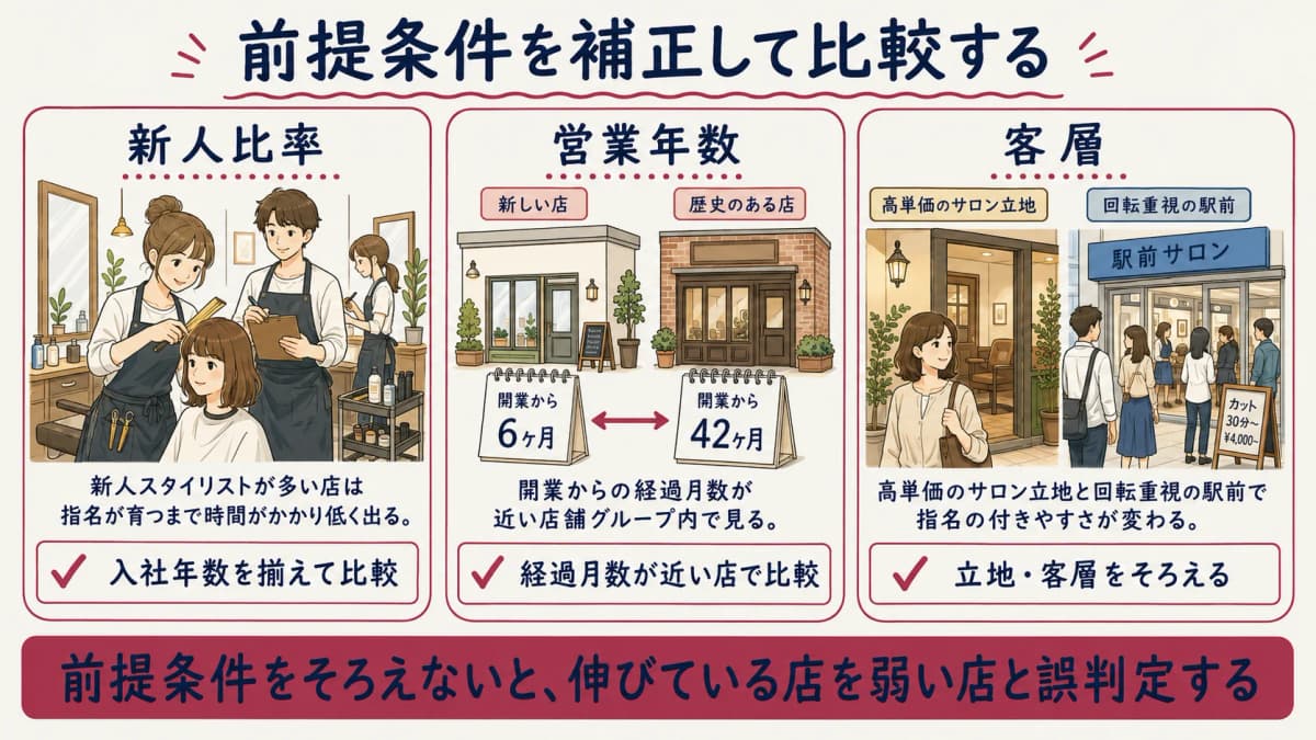 店舗の前提条件を補正して指名率を比較する考え方を示す図