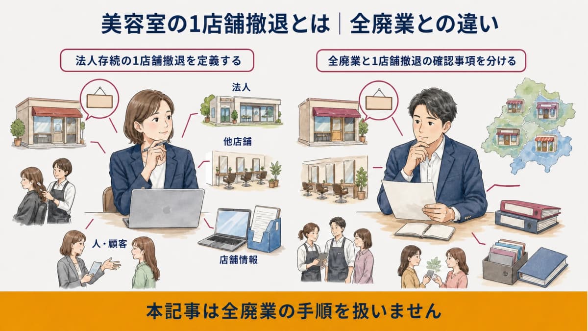 法人存続の1店舗撤退と全廃業を比較した図