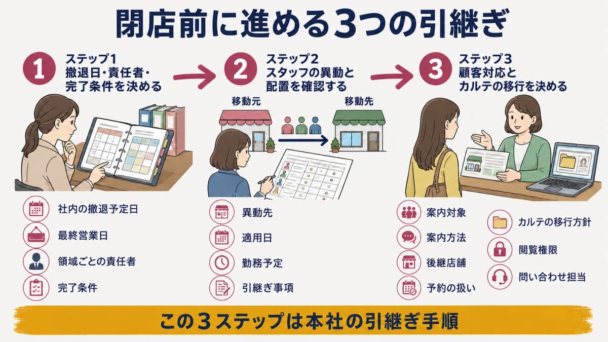 撤退日決定からスタッフ・顧客移行までの3ステップ