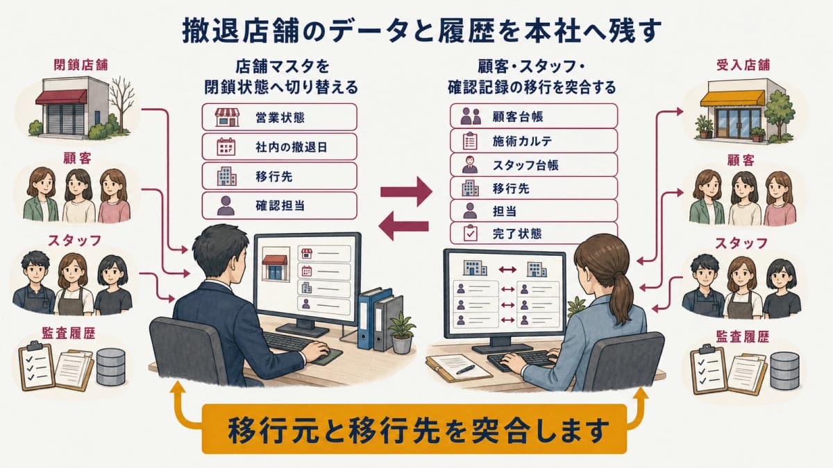 撤退店舗のマスタ・顧客・スタッフ・確認履歴を残す図