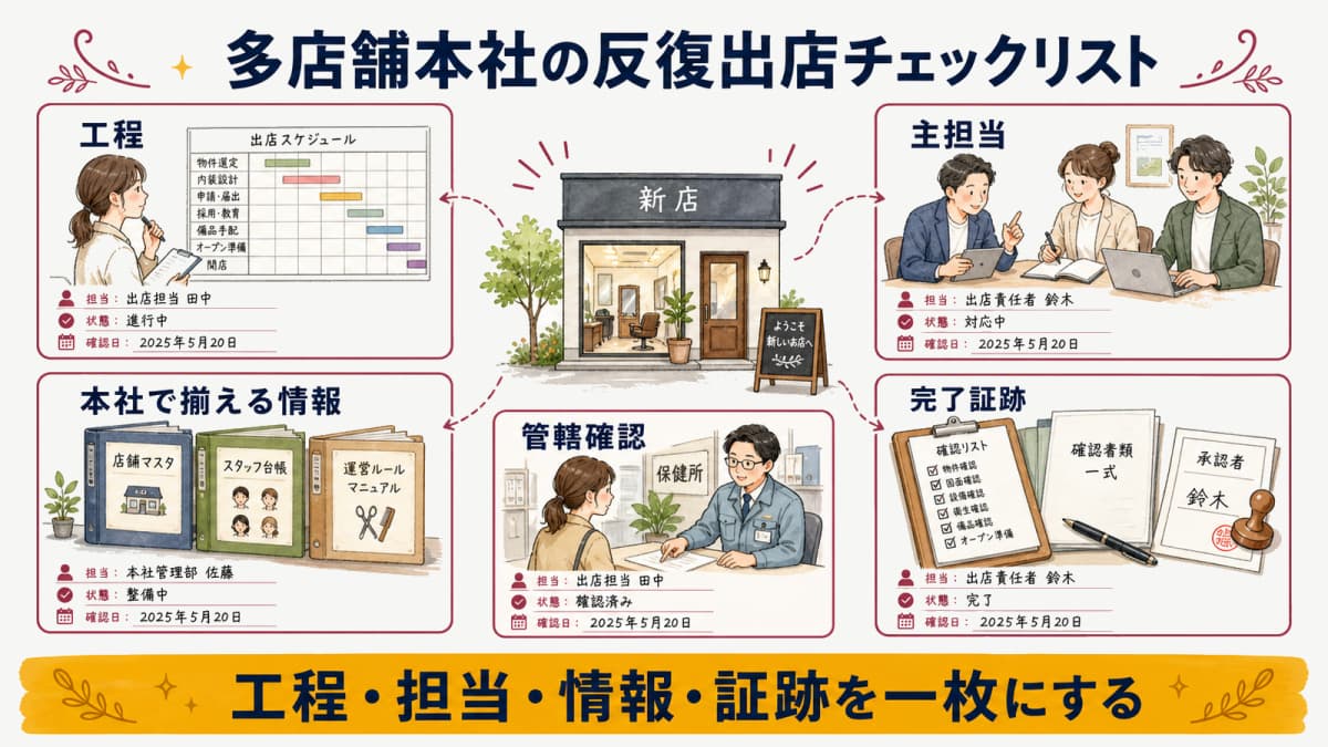 出店工程・担当・情報・管轄確認・証跡を一枚にしたチェック図