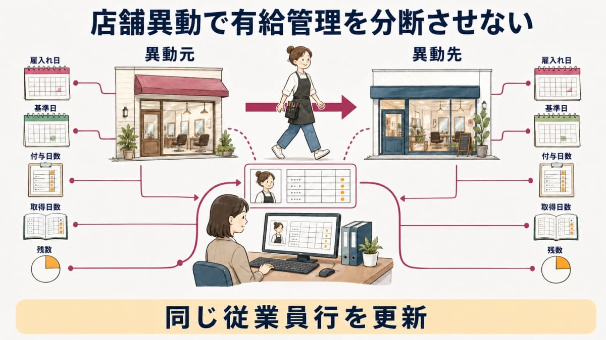 店舗異動後も従業員単位で基準日を引き継ぐ図