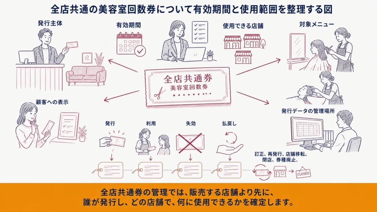 全店共通の美容室回数券について有効期間と使用範囲を整理する図