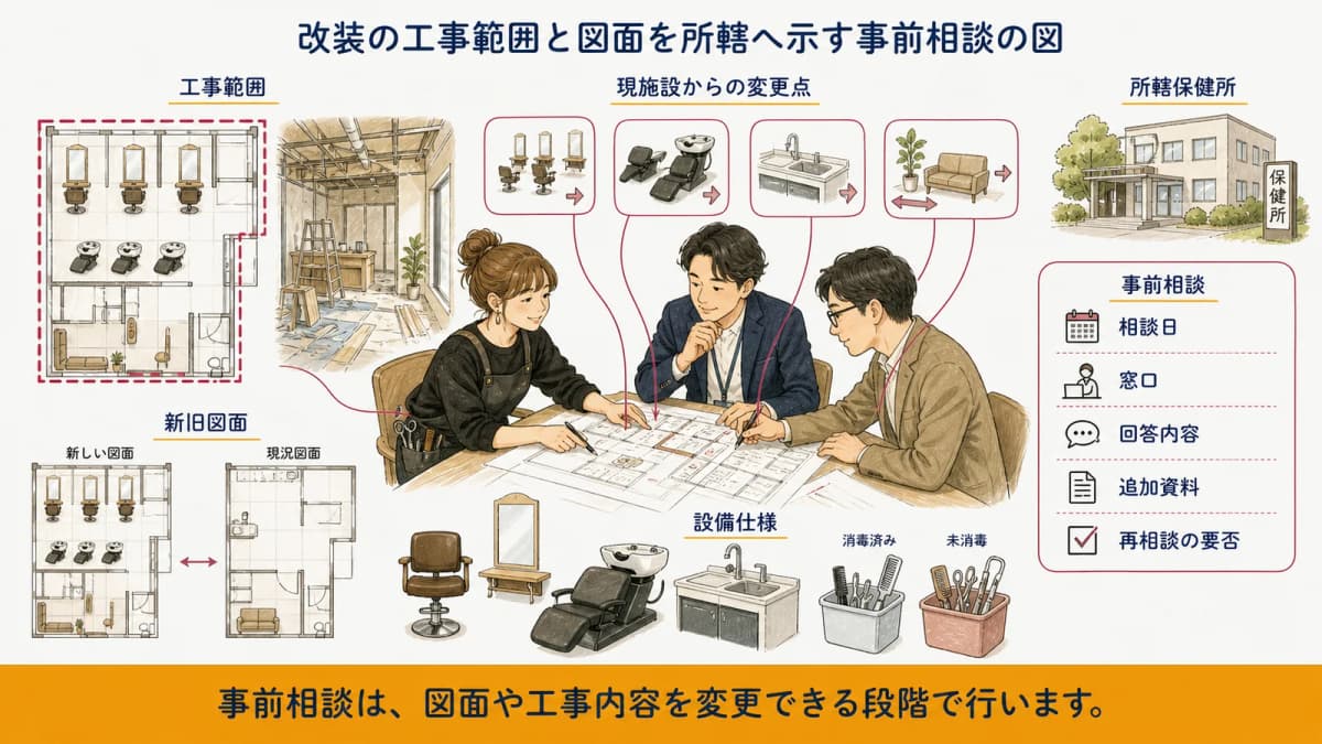 改装の工事範囲と図面を所轄へ示す事前相談の図