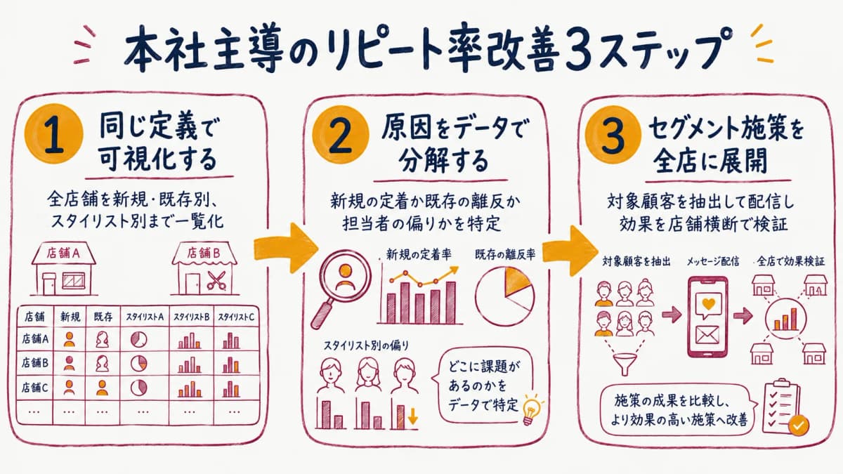 本社主導のリピート率改善3ステップ