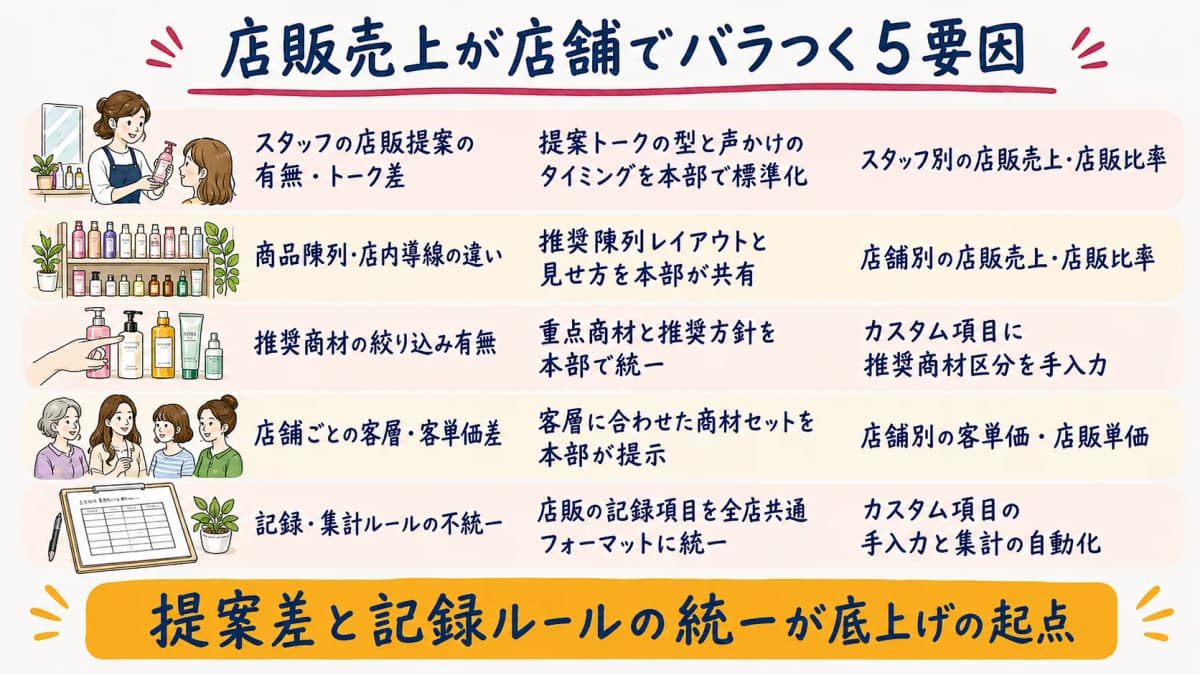 店販売上が店舗でバラつく5要因を、提案・陳列・推奨商材・客層・記録ルールの観点で分解した線画