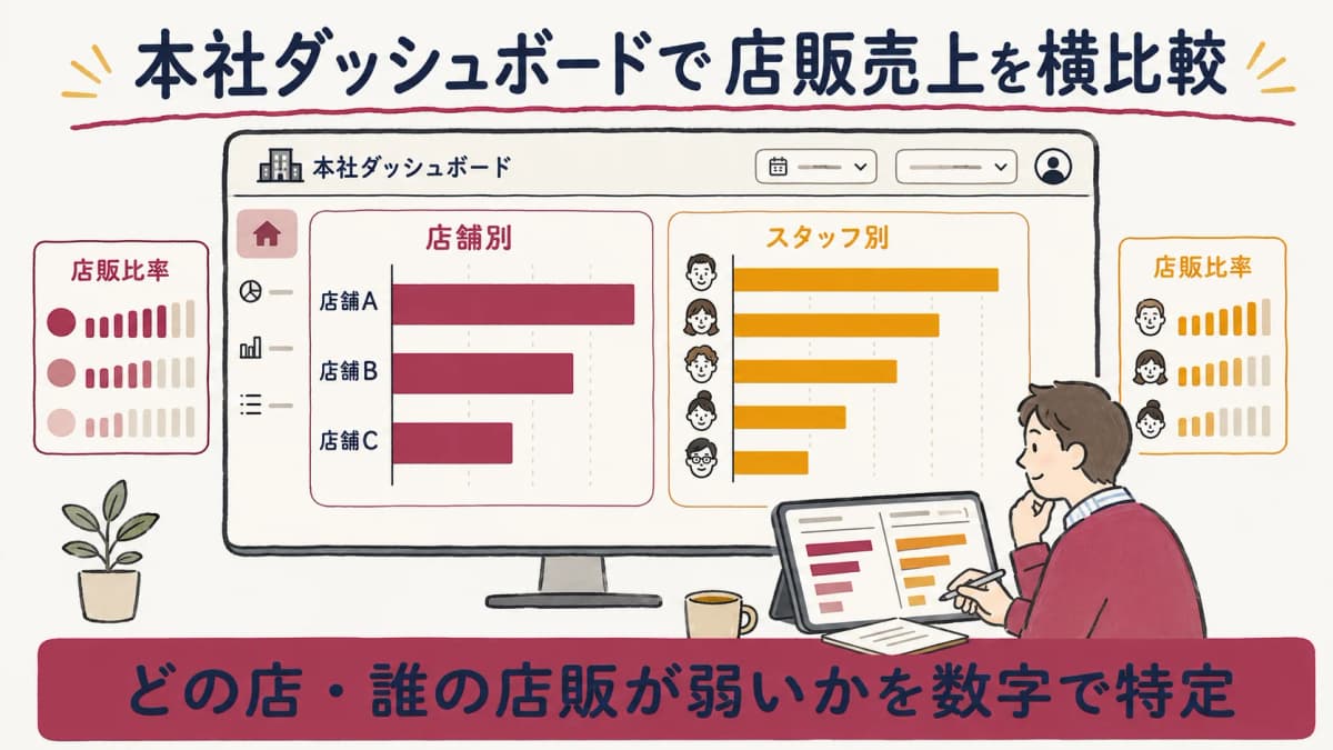 店舗別・スタッフ別の店販売上と店販比率を棒グラフで並べたダッシュボードの線画。在庫数や発注は含まない