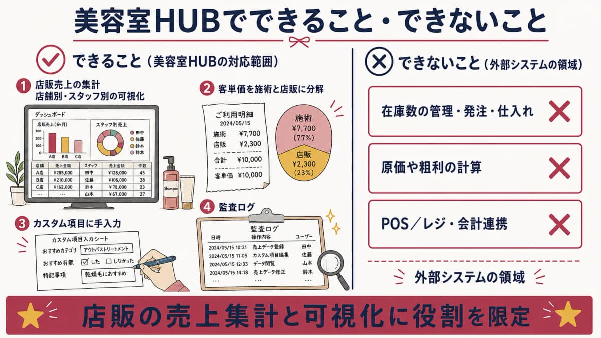 できること・できないことの線引き図。店販売上の集計と可視化、カスタム項目は対応範囲、在庫・発注・粗利・POSは外部領域として分けた線画