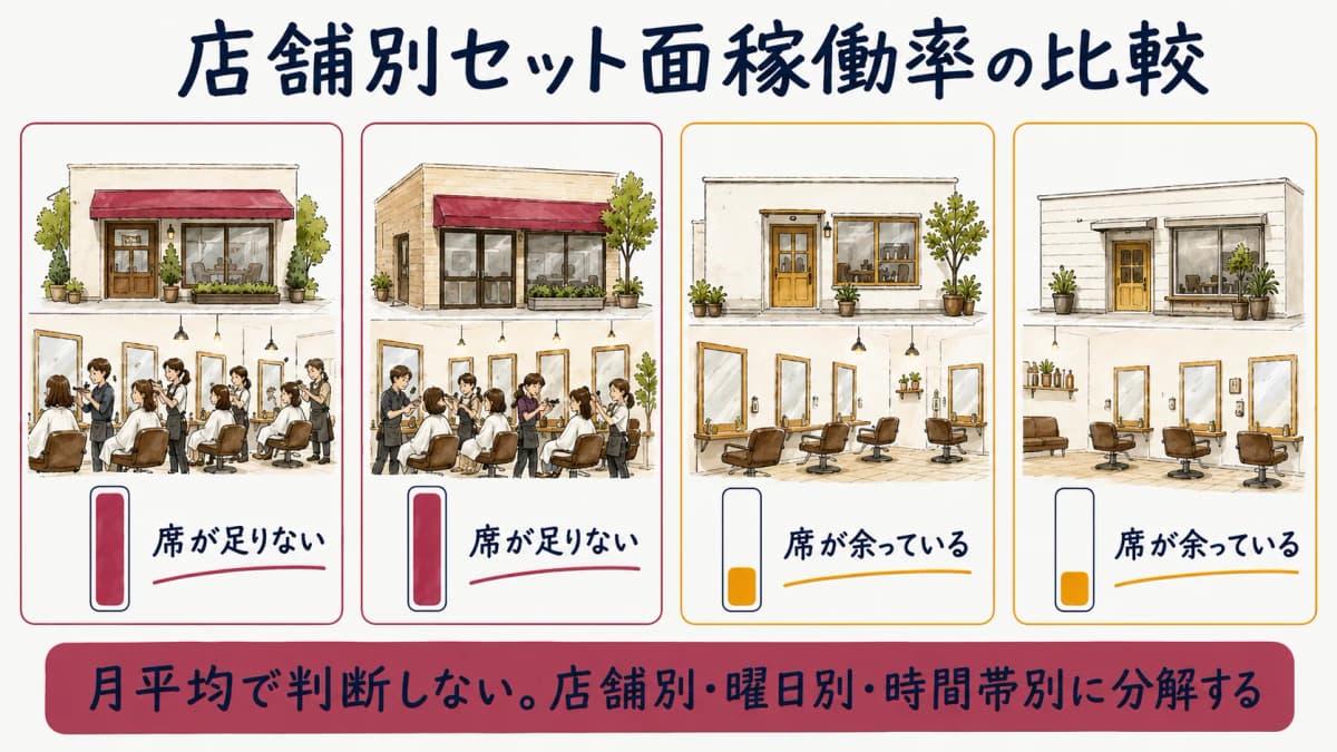 店舗別のセット面稼働率を横並びにして高稼働店と低稼働店を見分けるイメージ図
