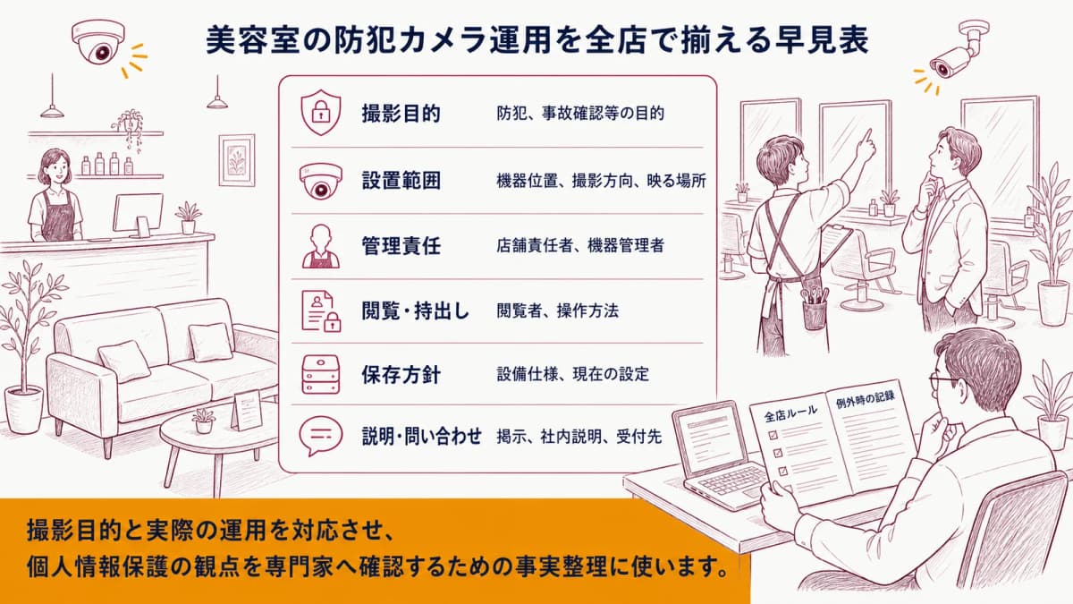 美容室の防犯カメラ運用を全店で揃える早見表
