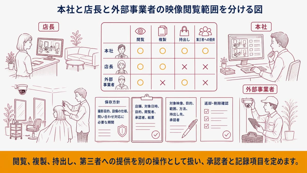本社と店長と外部事業者の映像閲覧範囲を分ける図