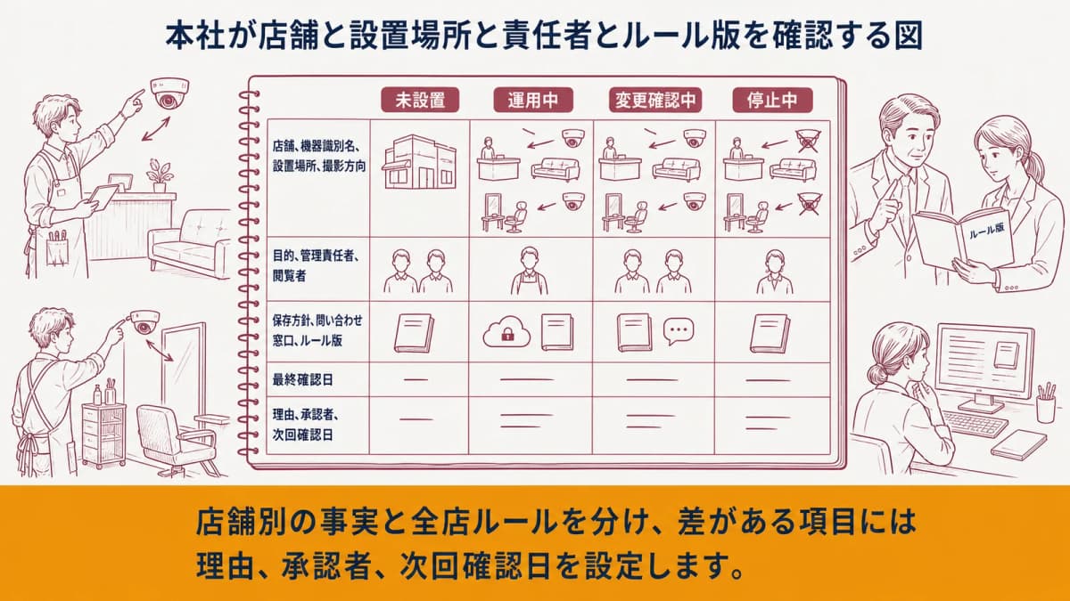 本社が店舗と設置場所と責任者とルール版を確認する図