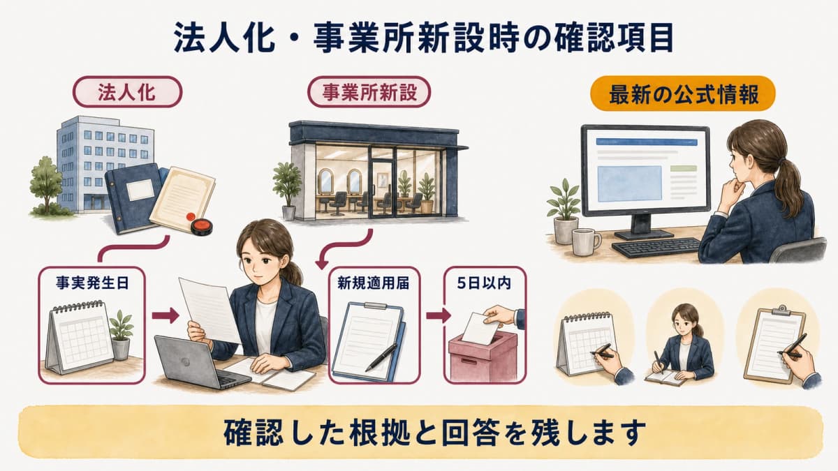 法人化や事業所新設で確認状態を更新する図