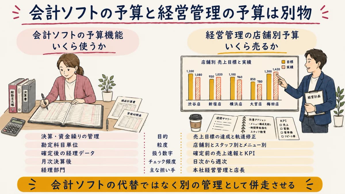 会計ソフトの予算機能と経営管理の売上・KPI予実を対比した表