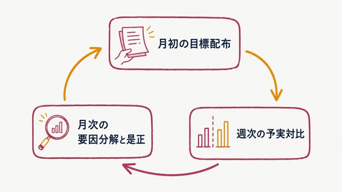 月初配布・週次予実対比・月次要因分解からなる運用サイクル図