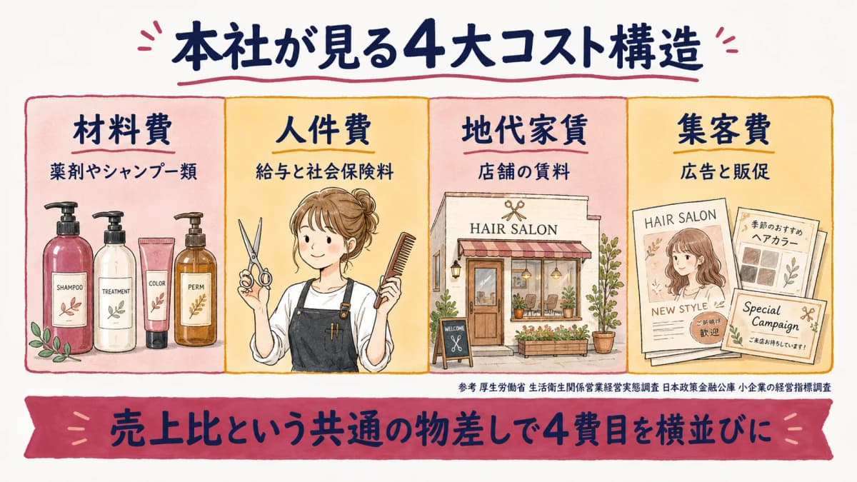 本社が見る4大コスト構造を売上比で示した帯グラフと業界目安の出典注記