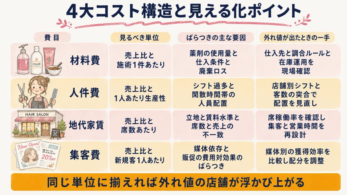 4大コスト構造と見える化ポイントを示したマトリクス図