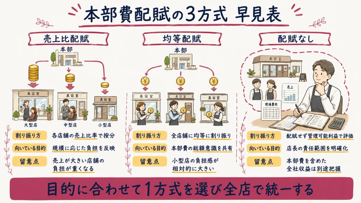 本部費配賦の3方式(売上比・均等・配賦なし)の特徴を並べた早見表の図解
