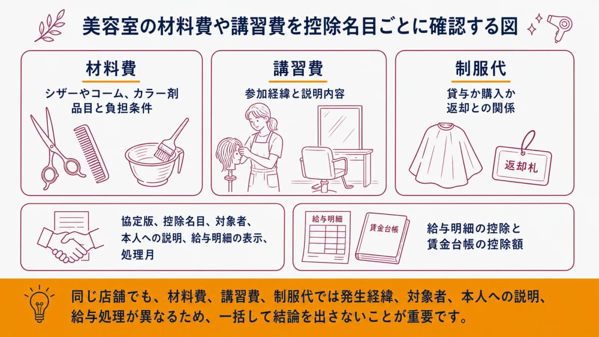 美容室の材料費や講習費を控除名目ごとに確認する図
