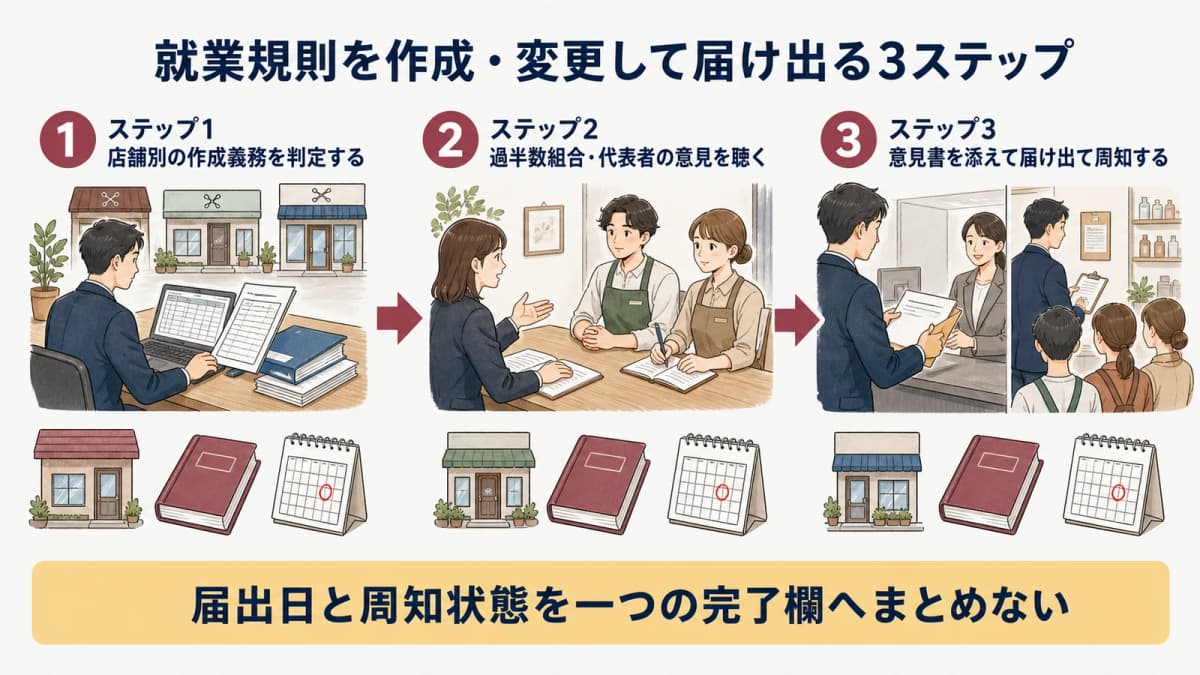 就業規則の判定意見聴取届出周知を3ステップで示す図