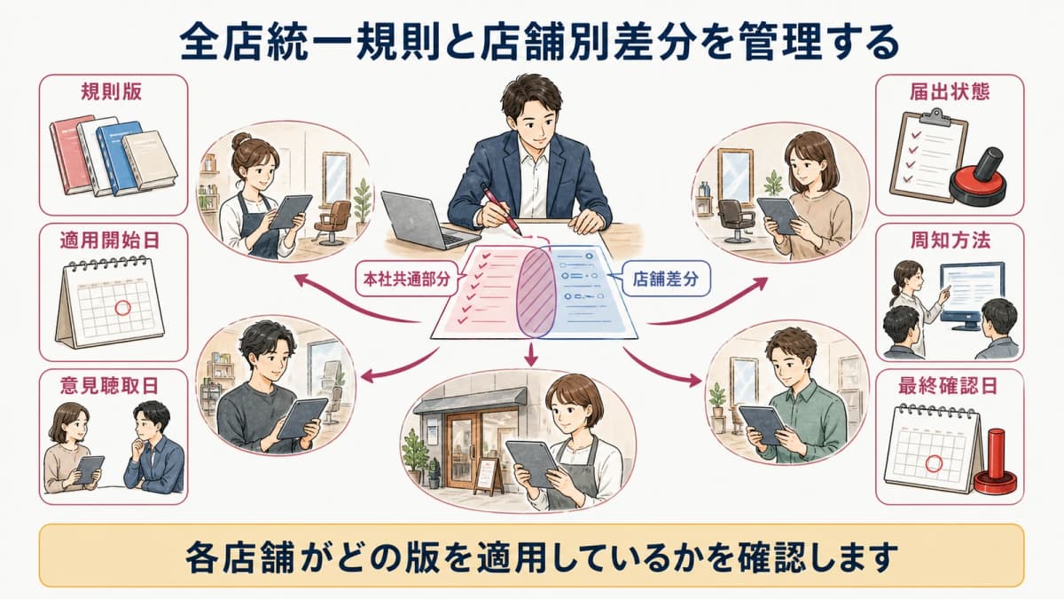 全店共通の就業規則と店舗別差分を版管理する図